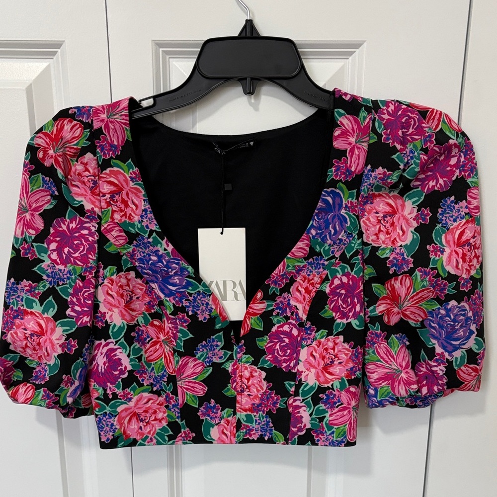 Zara Multicolor Floral Puff Sleeve Crop Top